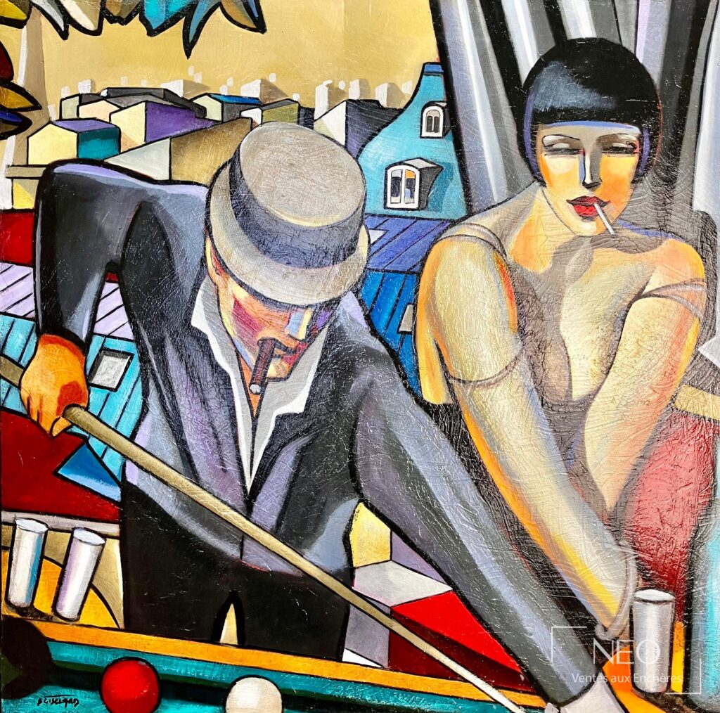 Huile sur toile colorée représentant deux figures dans un décor géométrique