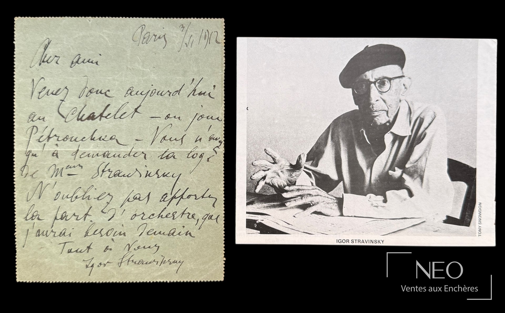 Carte pneumatique autographe signée d'Igor Stravinsky