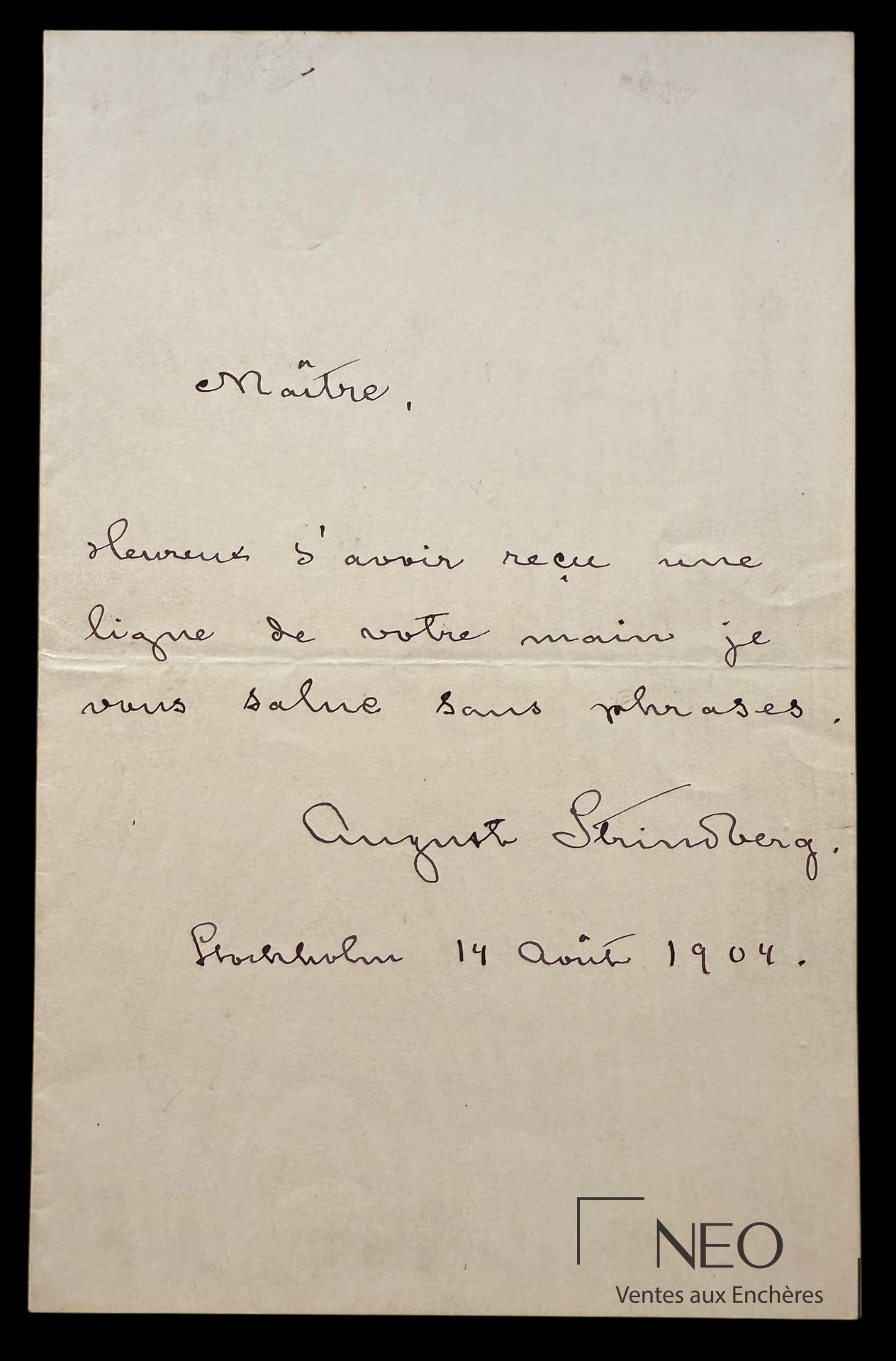 Lettre autographe signée d'Auguste Strindberg