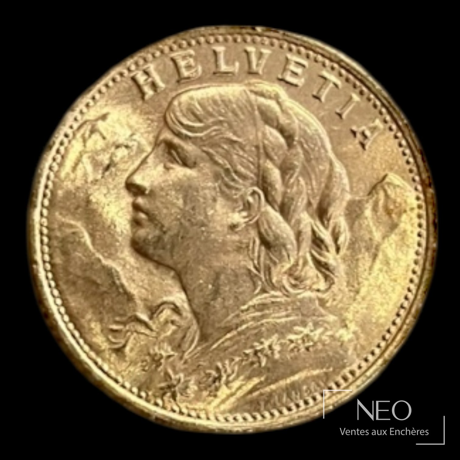Avers d'une pièce suisse de 20 francs or avec le portrait et la légende HELVETIA.