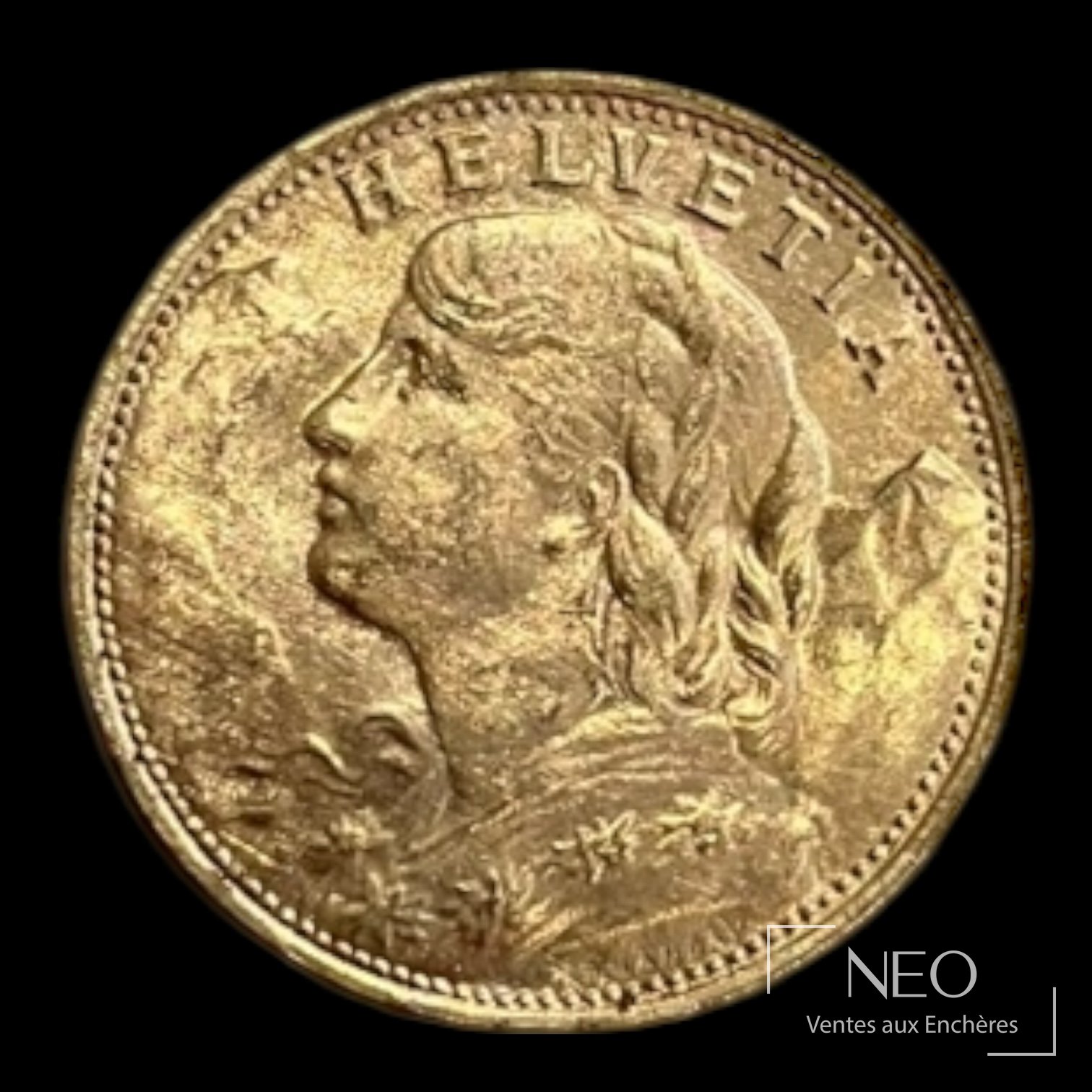 Avers d'une pièce suisse de 20 francs or avec profil féminin et légende HELVETIA.