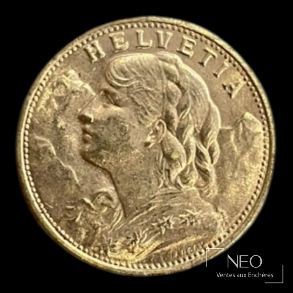 Portrait de Helvetia sur une pièce suisse de 20 francs or