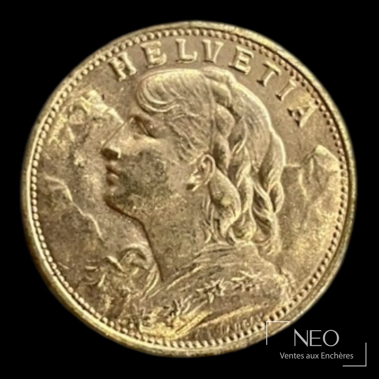 Portrait de Helvetia sur une pièce suisse de 20 francs or