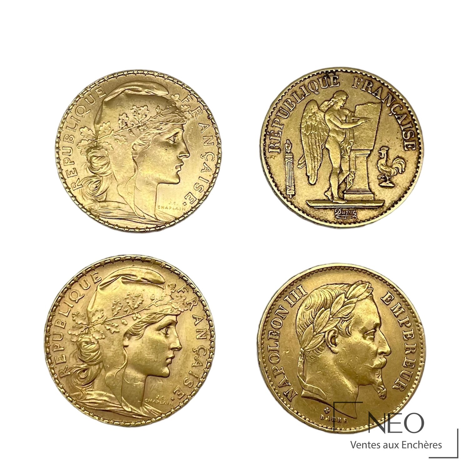 Quatre pièces de 20 francs or montrant Napoléon III