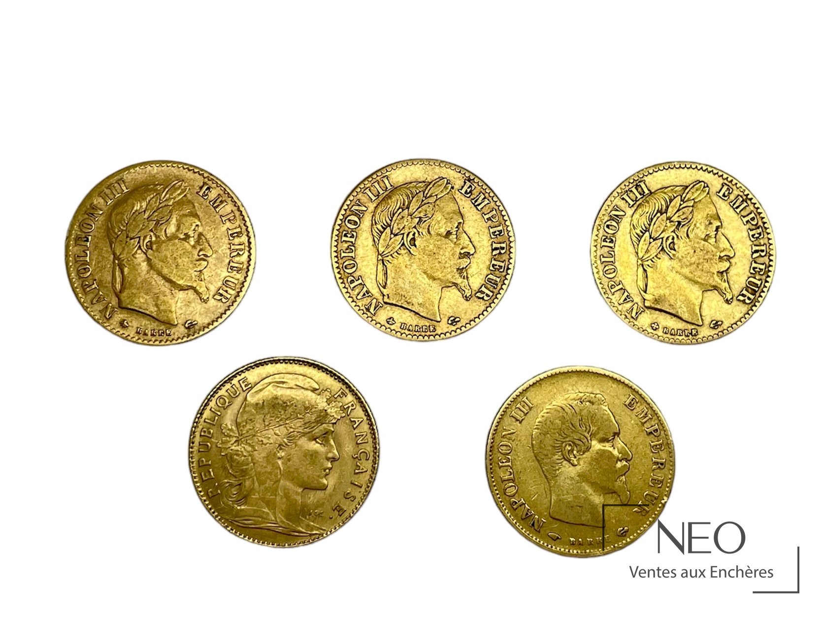 Cinq pièces de 10 francs or avec profils Napoléon et Marianne