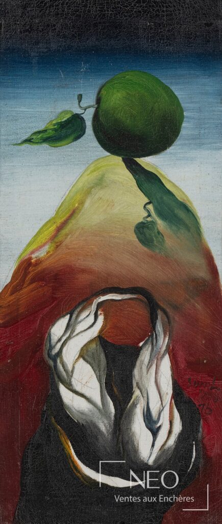 Composition verticale de Sunil Das avec une pomme verte au-dessus d’une silhouette colorée.