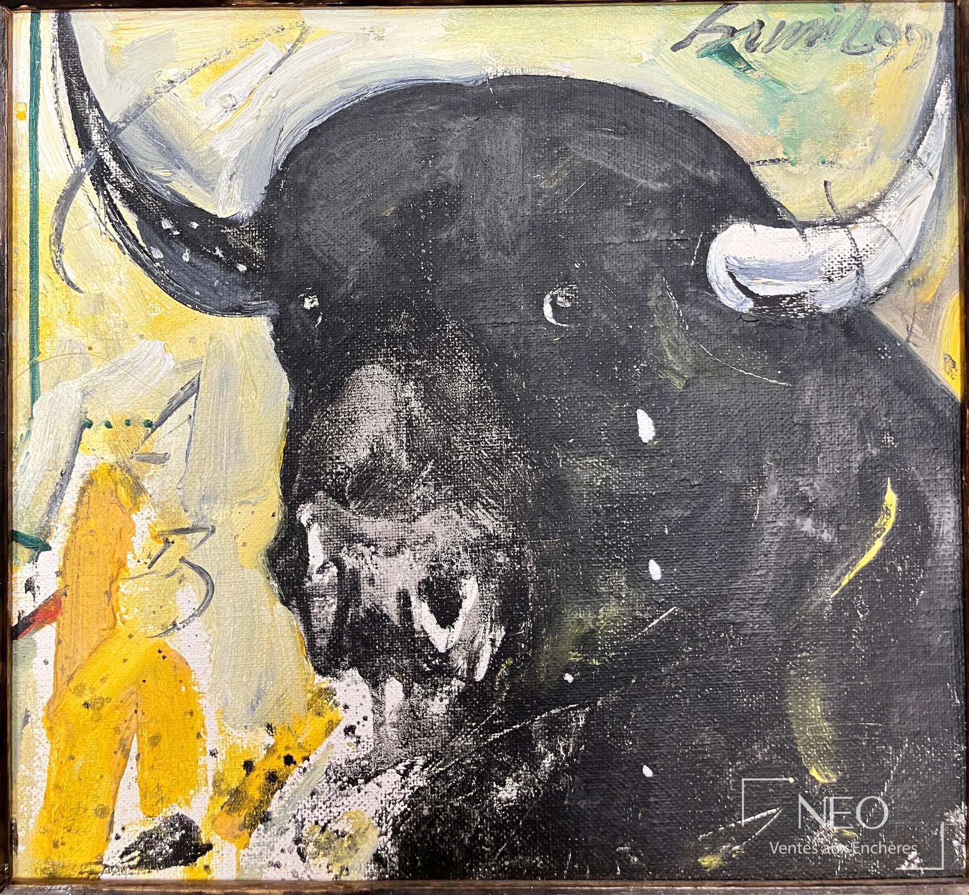 Composition abstraite avec tête de taureau noire et cornes blanches sur fond jaune