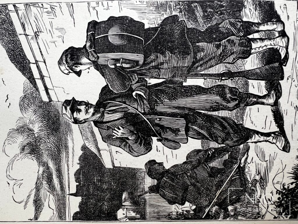 Gravure en noir montrant des soldats en marche dans l'ouvrage