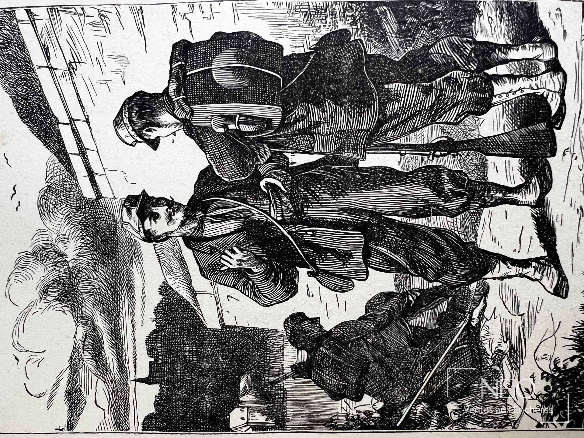 Gravure en noir montrant des soldats en marche dans l'ouvrage
