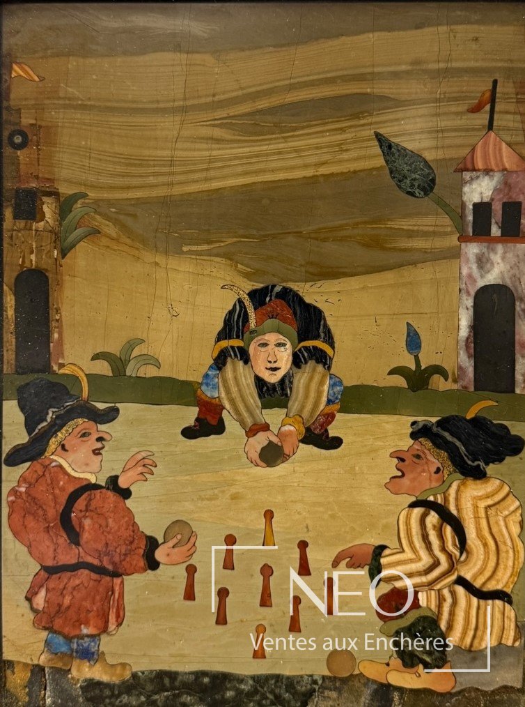 Scène de joueurs de quilles en marqueterie de pierres dures