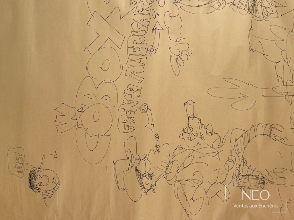 Grand dessin au feutre sur paperboard représentant des cowboys et un décor de western