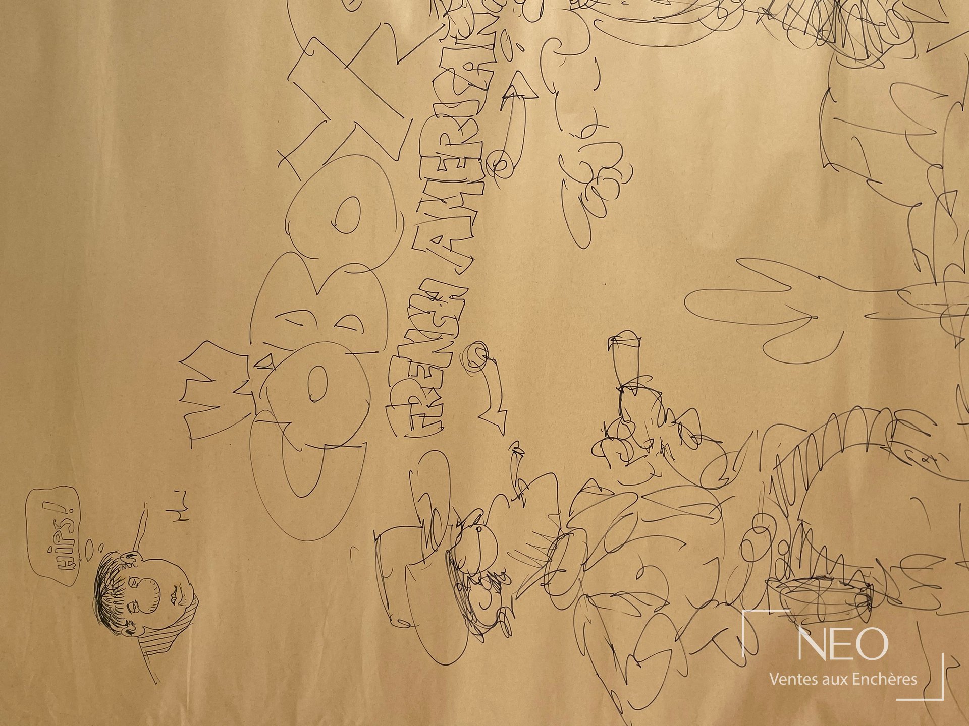 Grand dessin au feutre sur paperboard représentant des cowboys et un décor de western