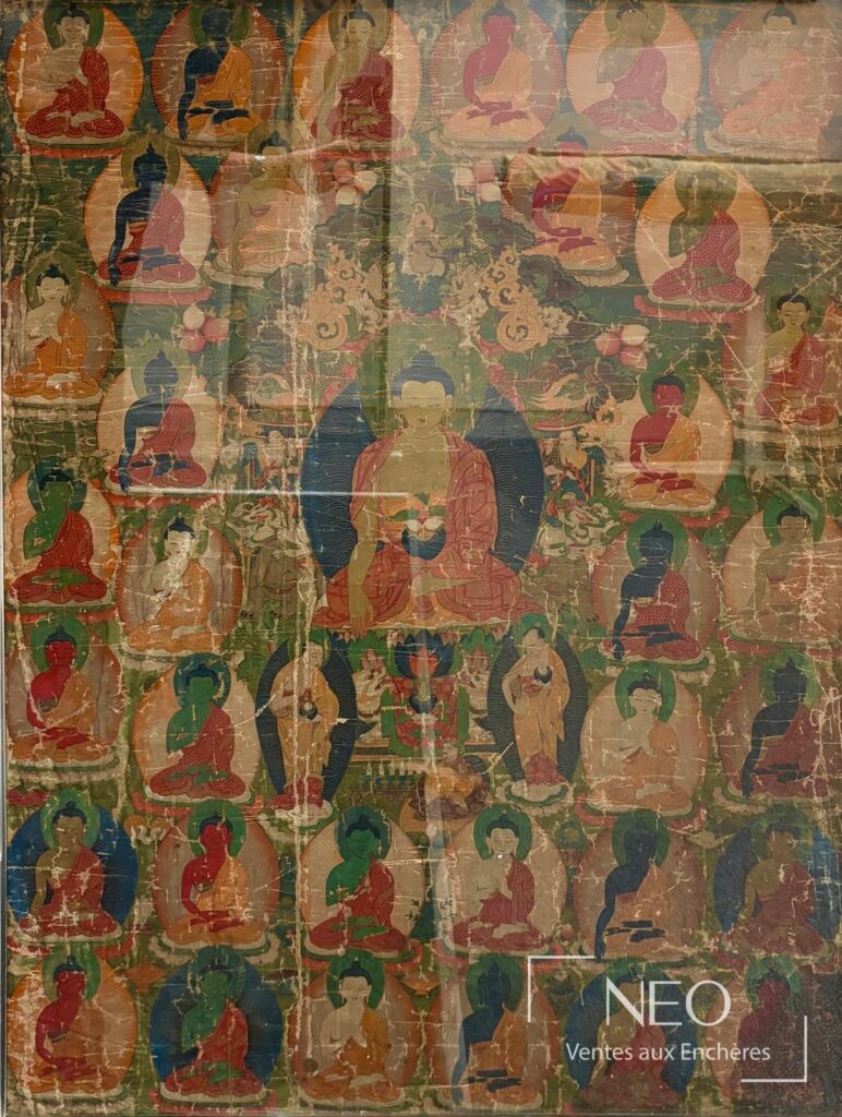 Thangka tibétain représentant de multiples bouddhas