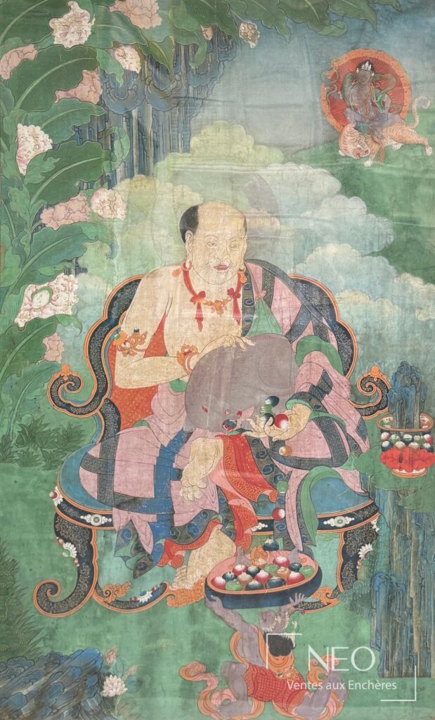 Thangka tibétain représentant Bakula assis avec une mangouste et Dombipa à l'arrière-plan