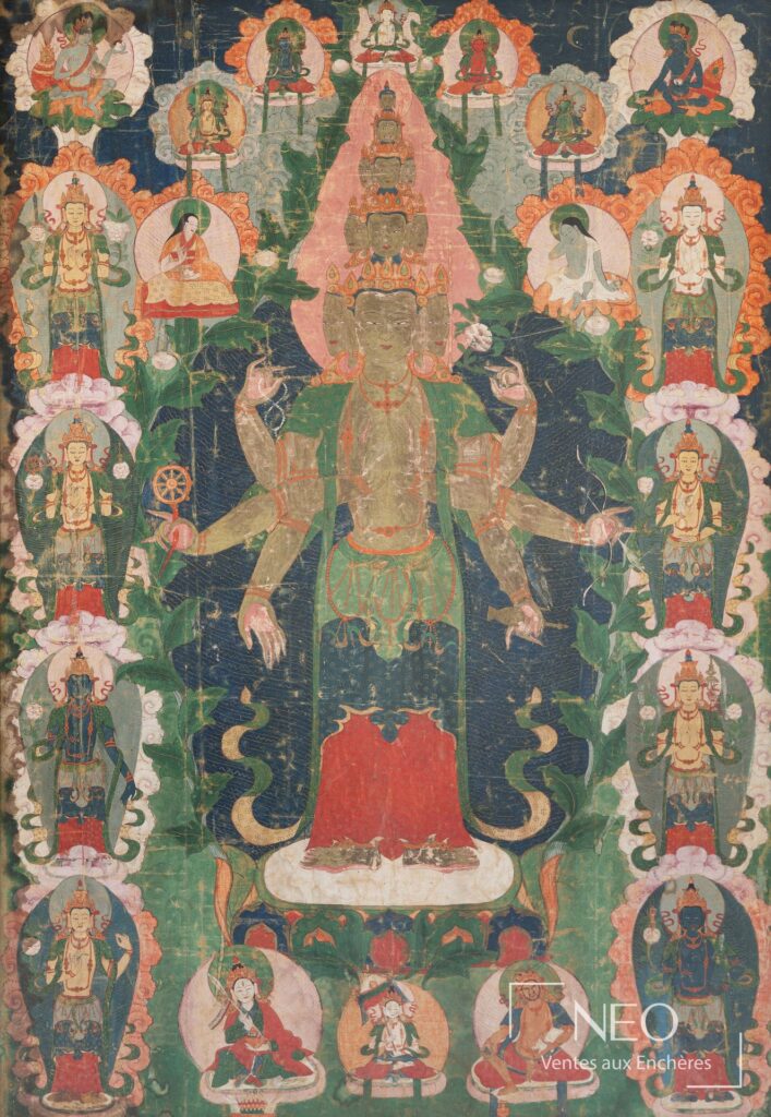 Thangka tibétain montrant Avalokiteshvara Ekadasamukha entouré de nombreuses divinités.