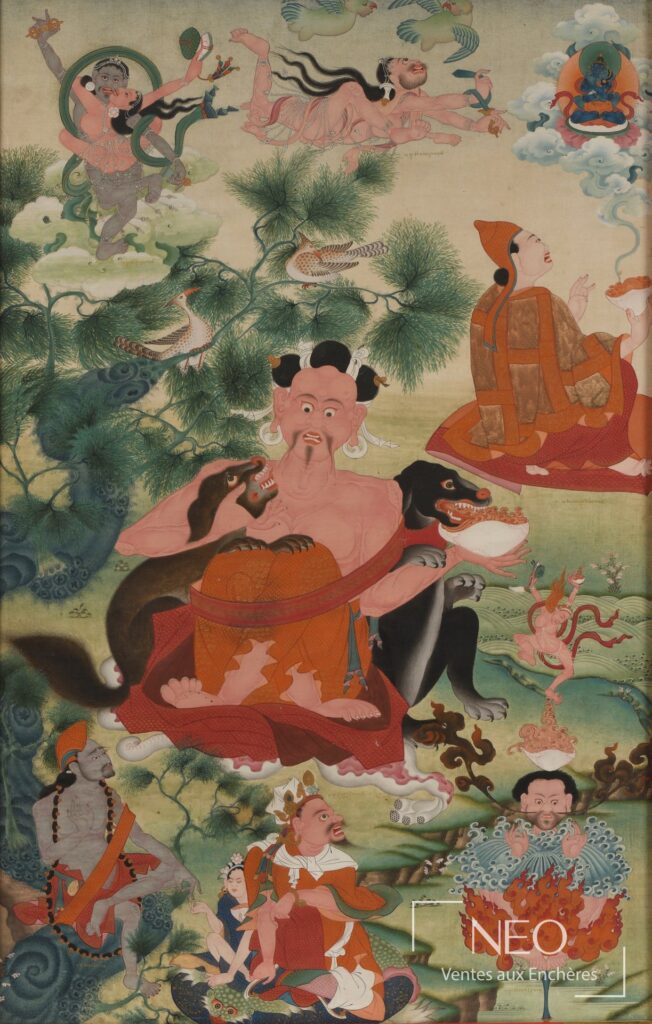 Thangka tibétain représentant Kukuripa entouré de plusieurs figures du bouddhisme tibétain