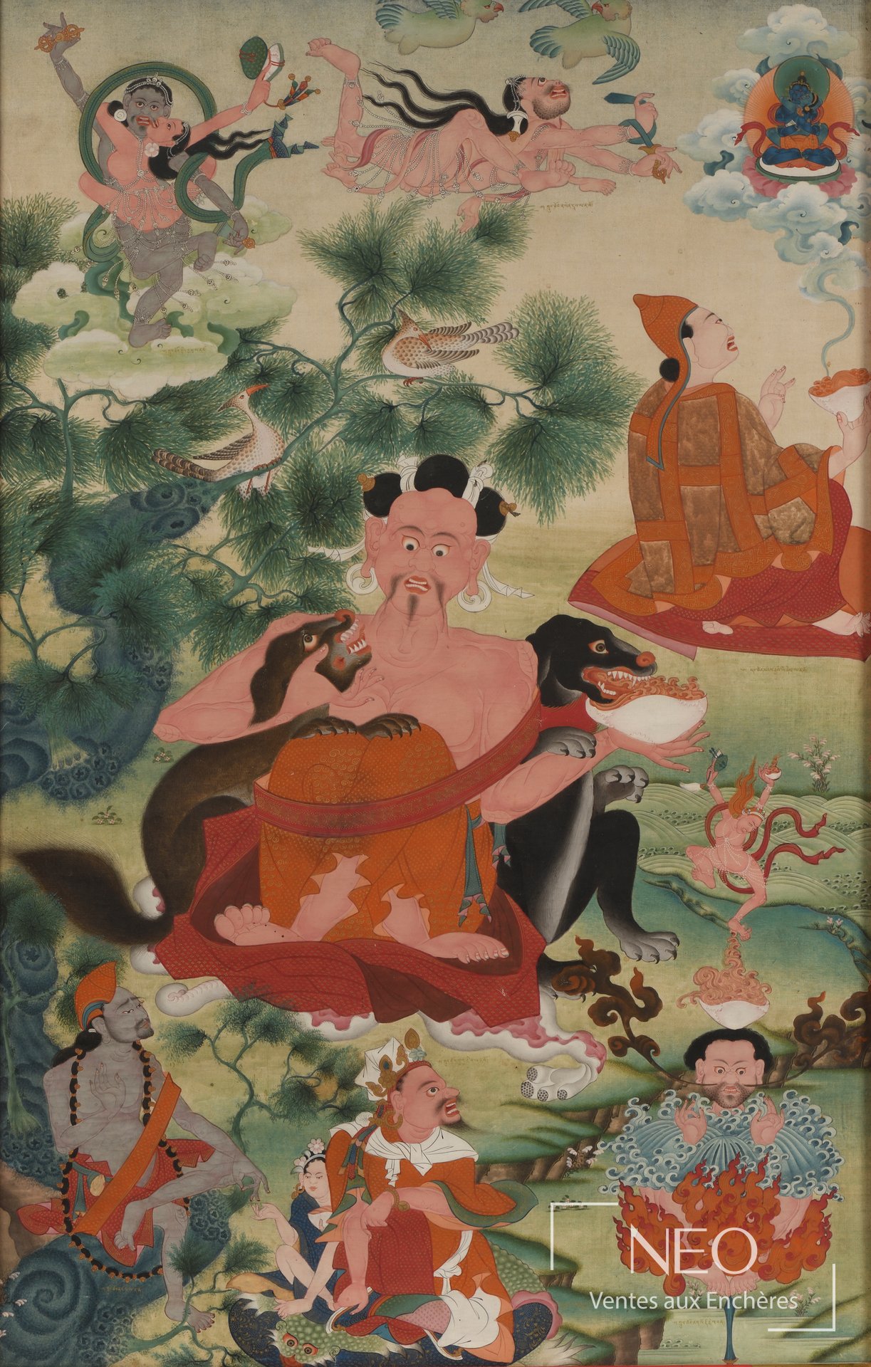 Thangka tibétain représentant Kukuripa entouré de plusieurs figures du bouddhisme tibétain