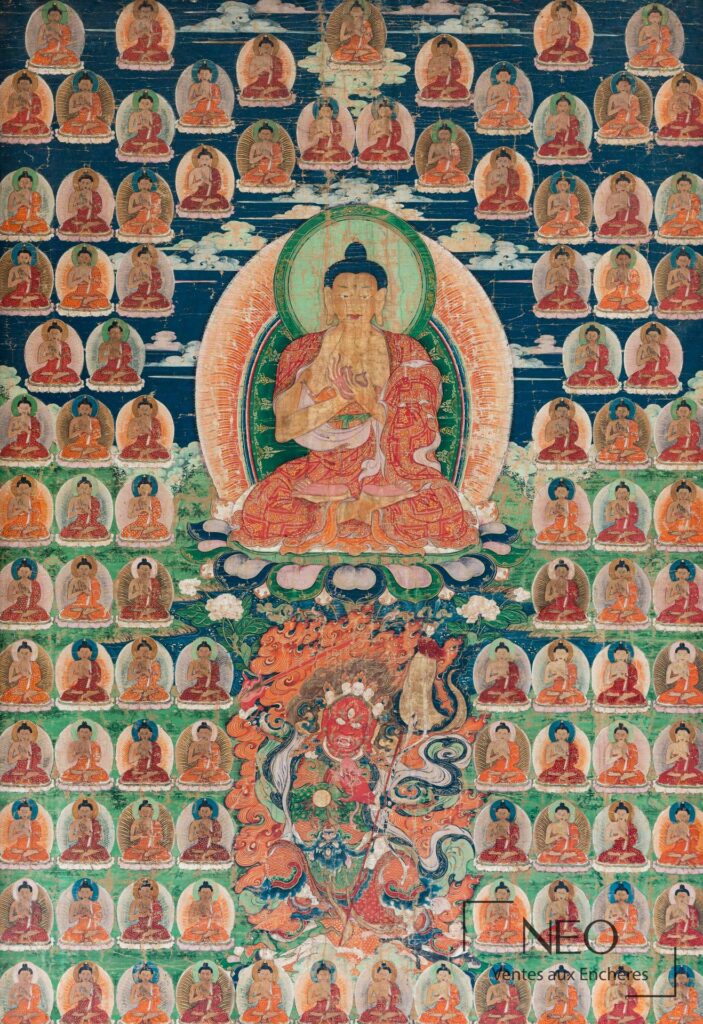 Thangka tibétain montrant le Bouddha Shakyamuni entouré d'une myriade de bouddhas