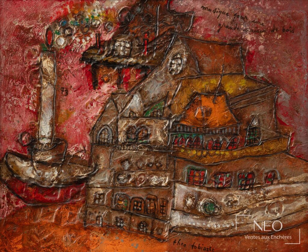 Huile sur toile de Théo Tobiasse représentant une maison de bois dans des tons rouges et ocres