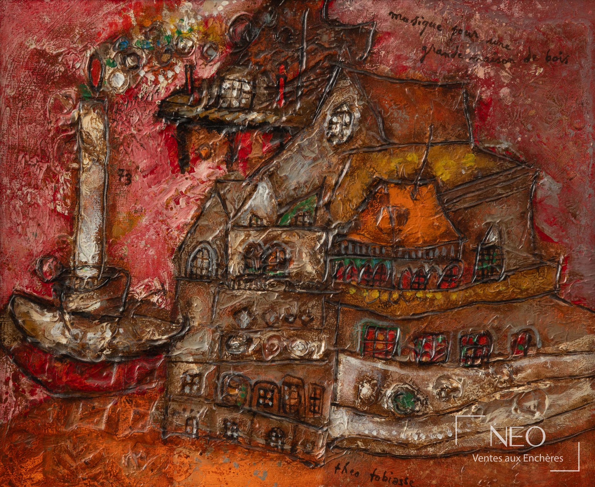 Huile sur toile de Théo Tobiasse représentant une maison de bois dans des tons rouges et ocres