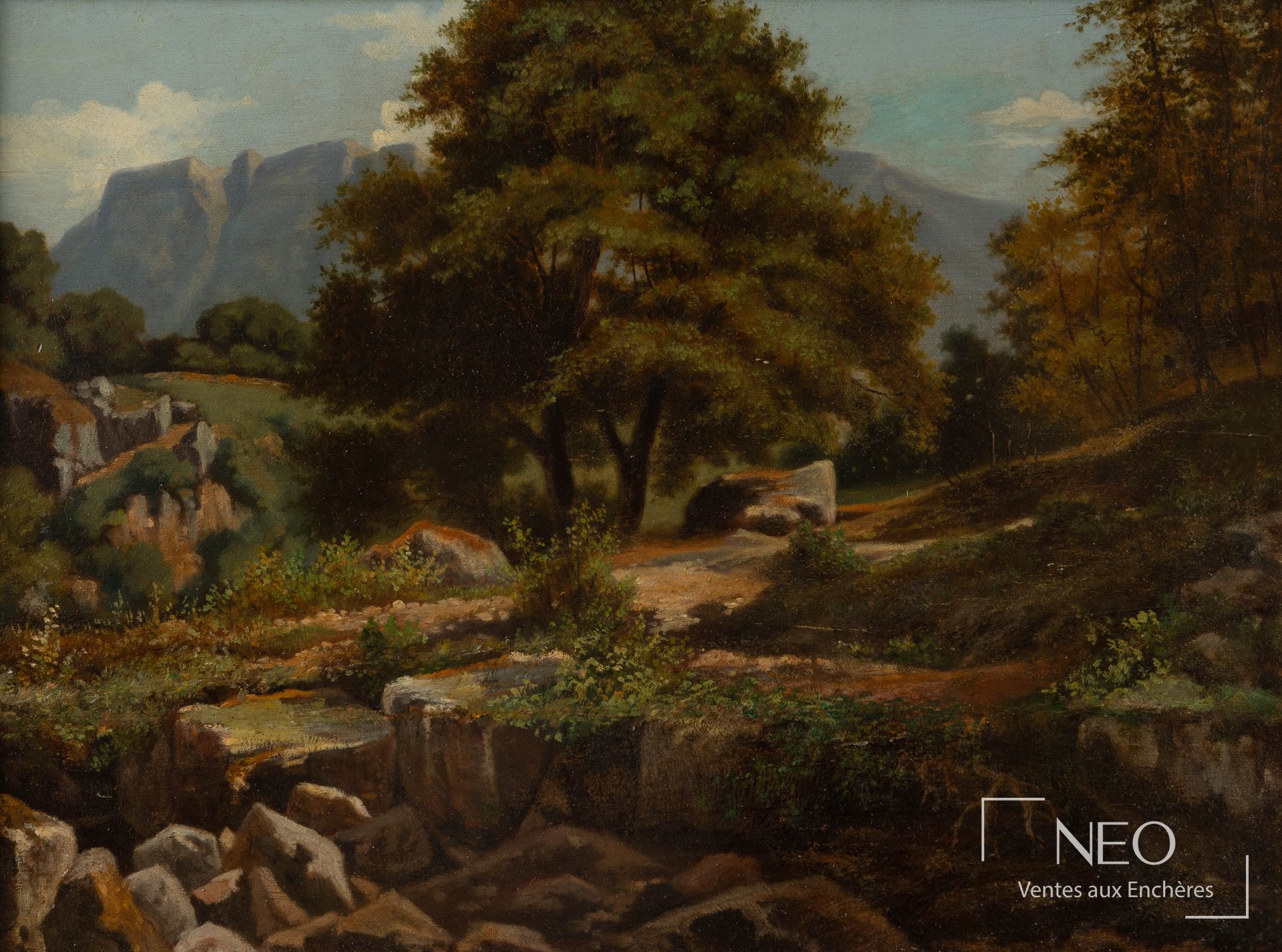 Théodore Fourmois, Chemin dans les rochers, huile sur panneau