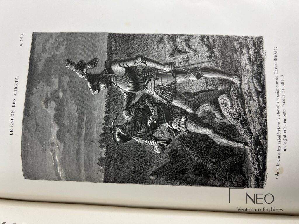 Page illustrée d'un livre ancien avec gravure en pleine page et texte imprimé autour