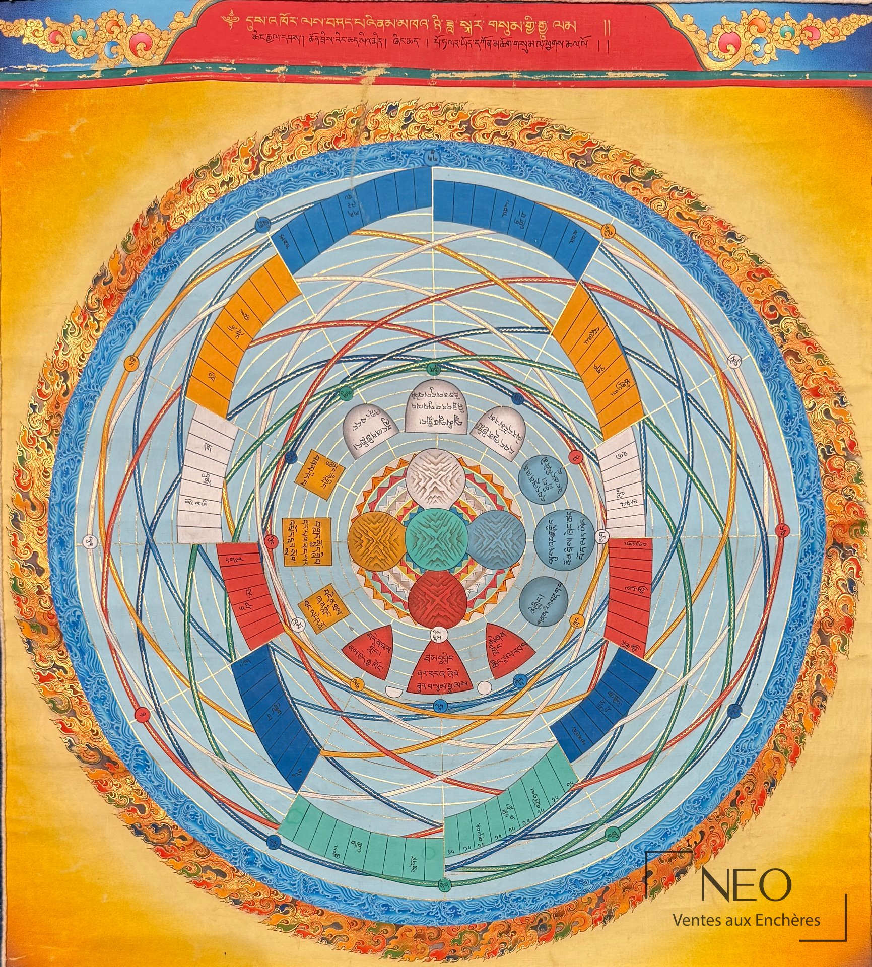 Mandala cosmologique tibétain peint en couleurs vives sur fond jaune