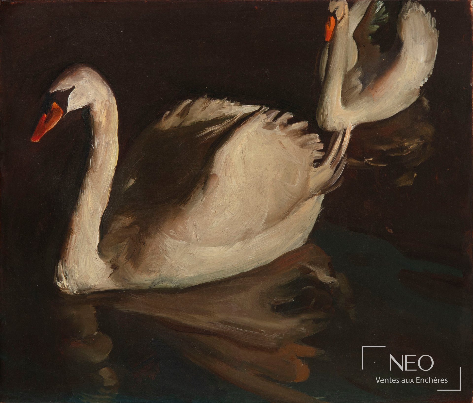 Deux cygnes peints à l'huile sur toile par Tibor Csernus