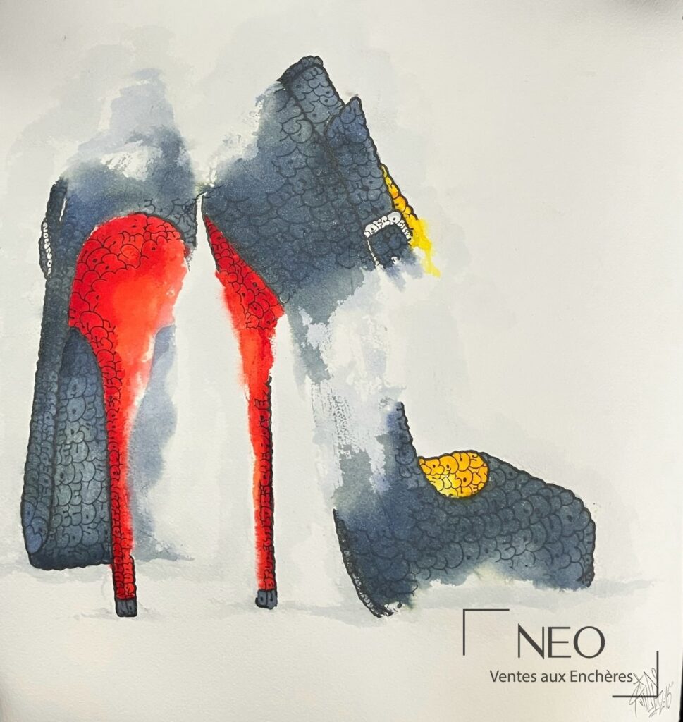 Aquarelle de TILT montrant une paire d’escarpins stylisés aux couleurs rouge