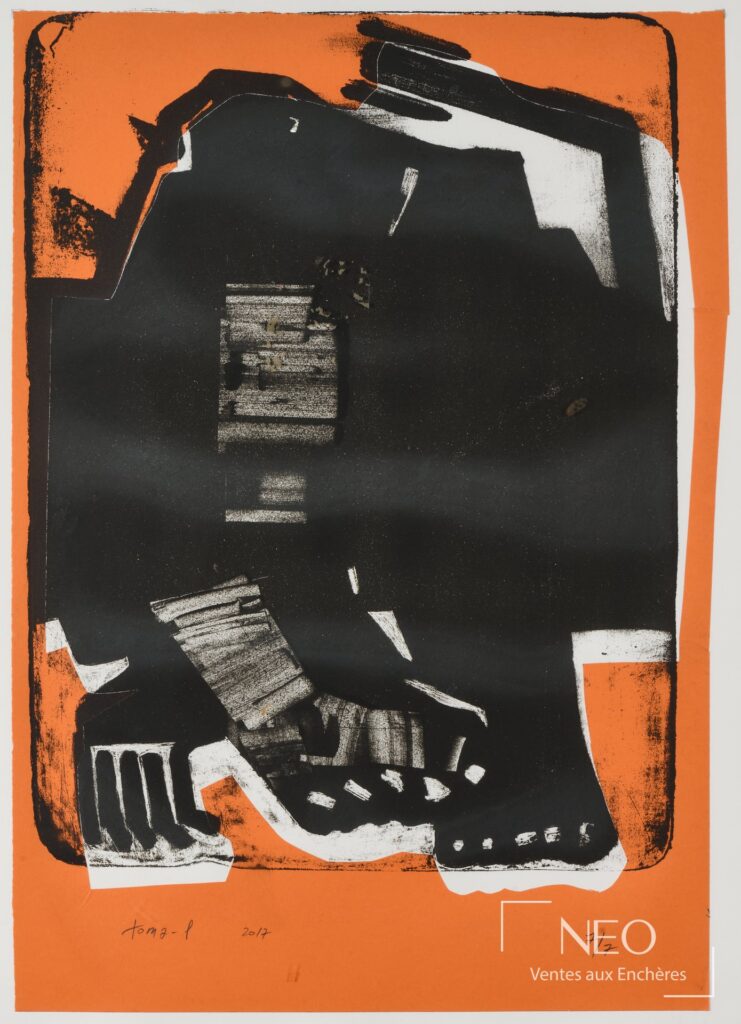 Lithographie abstraite de Toma-L sur fond orange