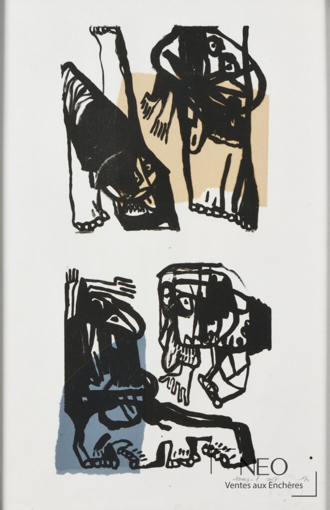 Lithographie de Toma-L représentant des formes abstraites noires sur fond clair