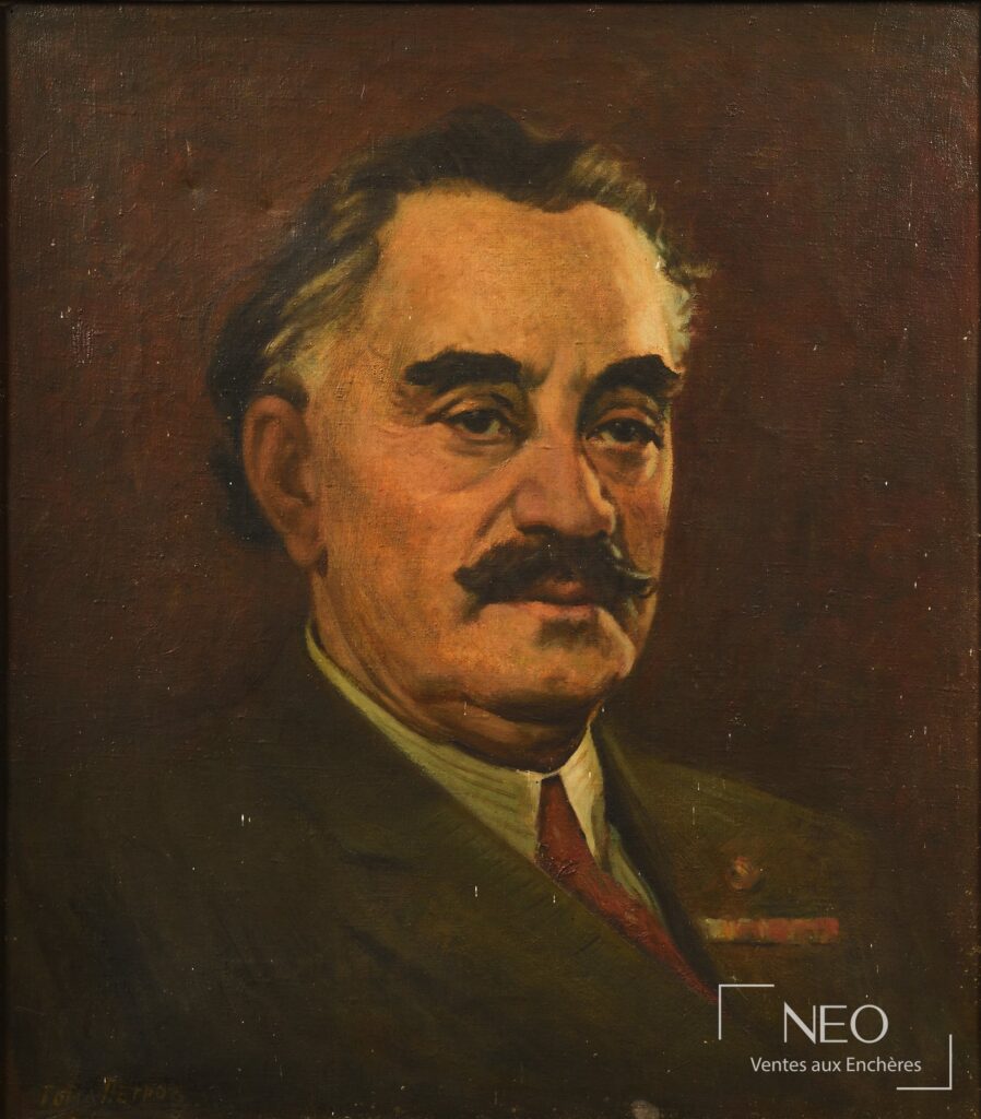 Portrait peint d’un homme moustachu sur fond brun
