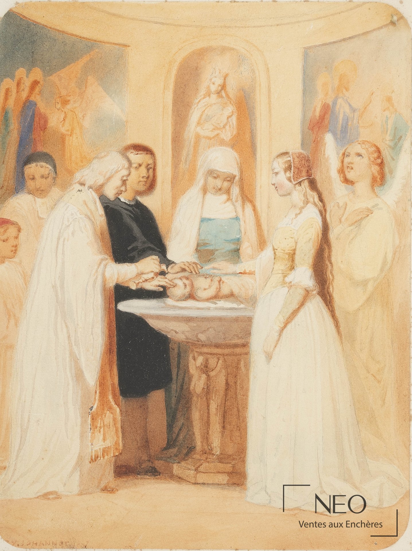 Aquarelle représentant une scène de baptême avec plusieurs figures en vêtements clairs