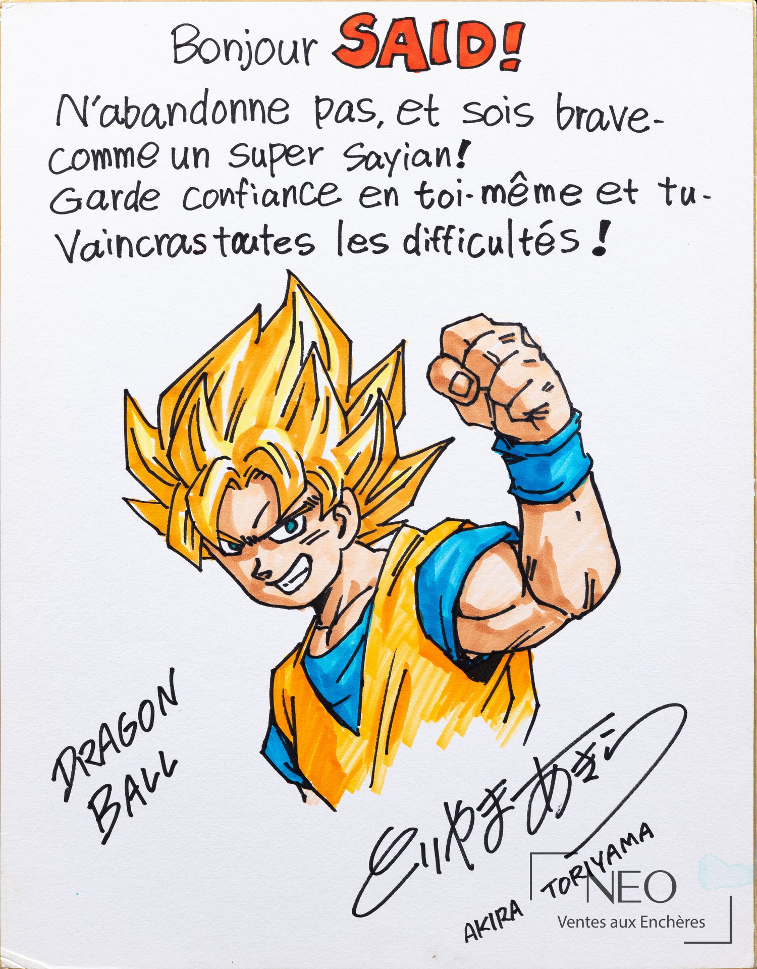 Dessin coloré de Sangoku en Super Saiyan sur shikishi