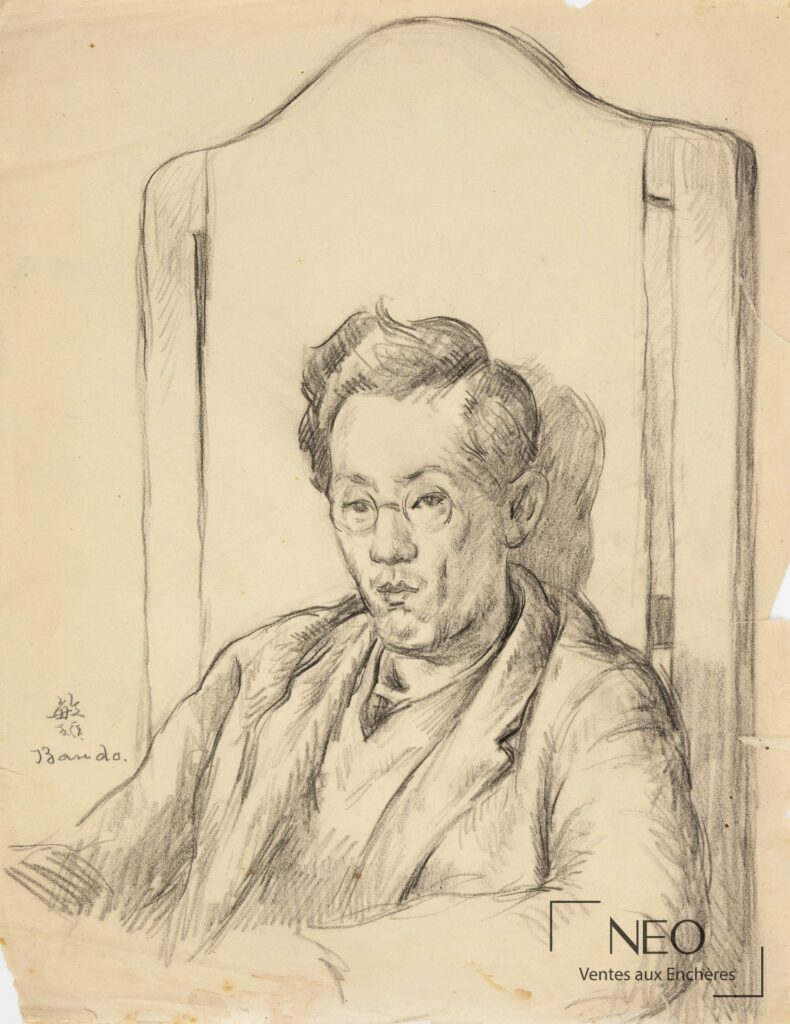 Autoportrait au fusain sur papier représentant un homme assis