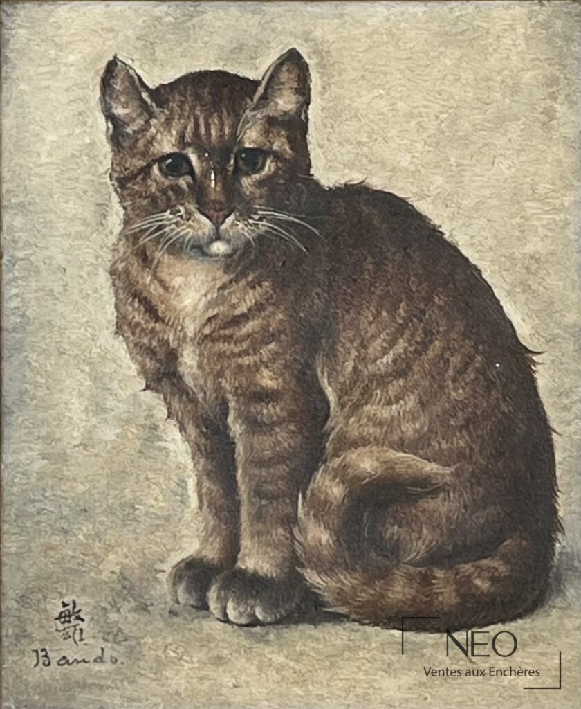 Chat assis peint à l'huile sur fond clair