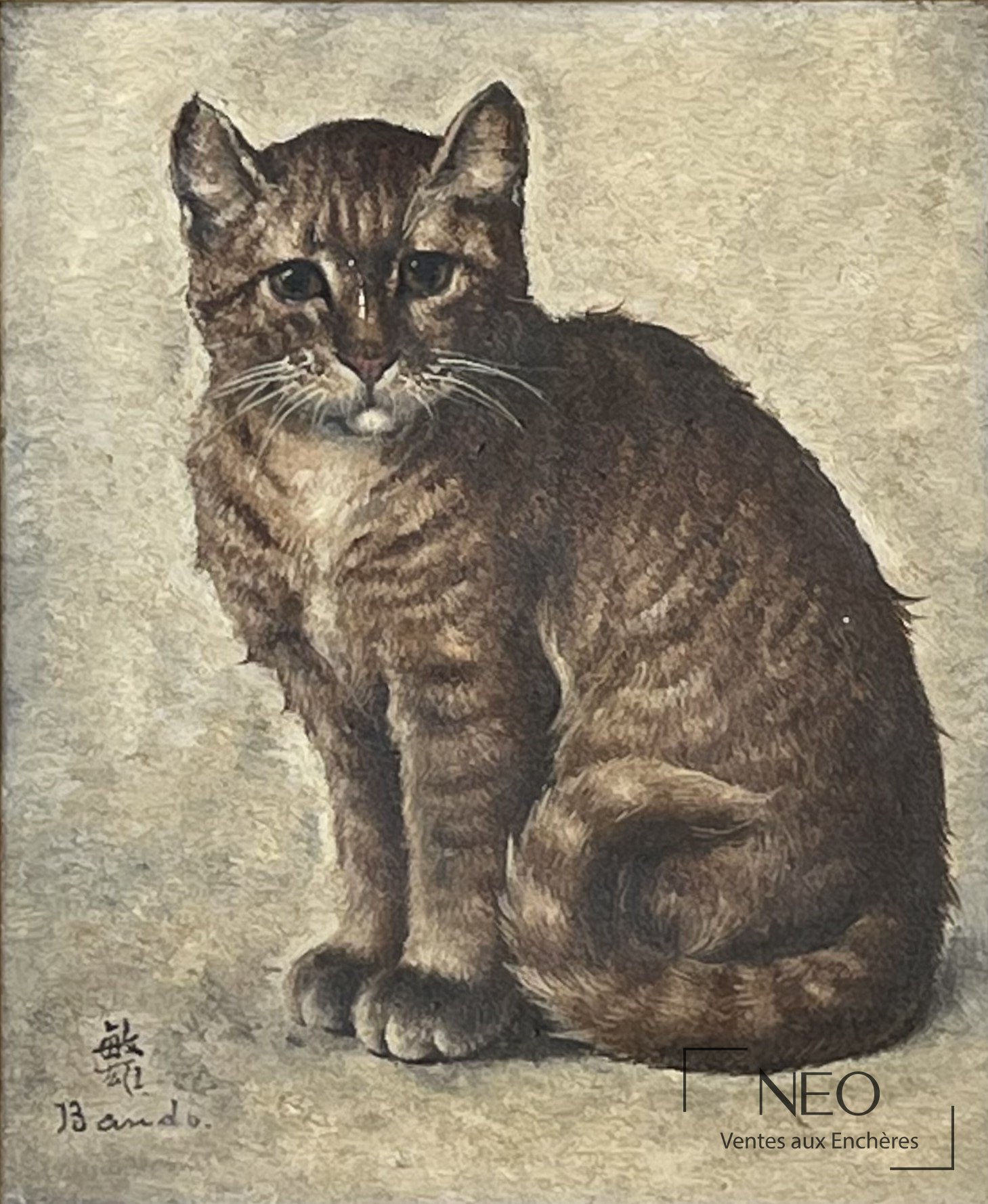 Chat assis peint à l'huile sur fond clair