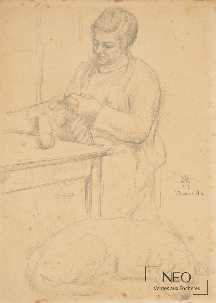 Portrait au crayon d’une femme au tricot avec un chien au premier plan