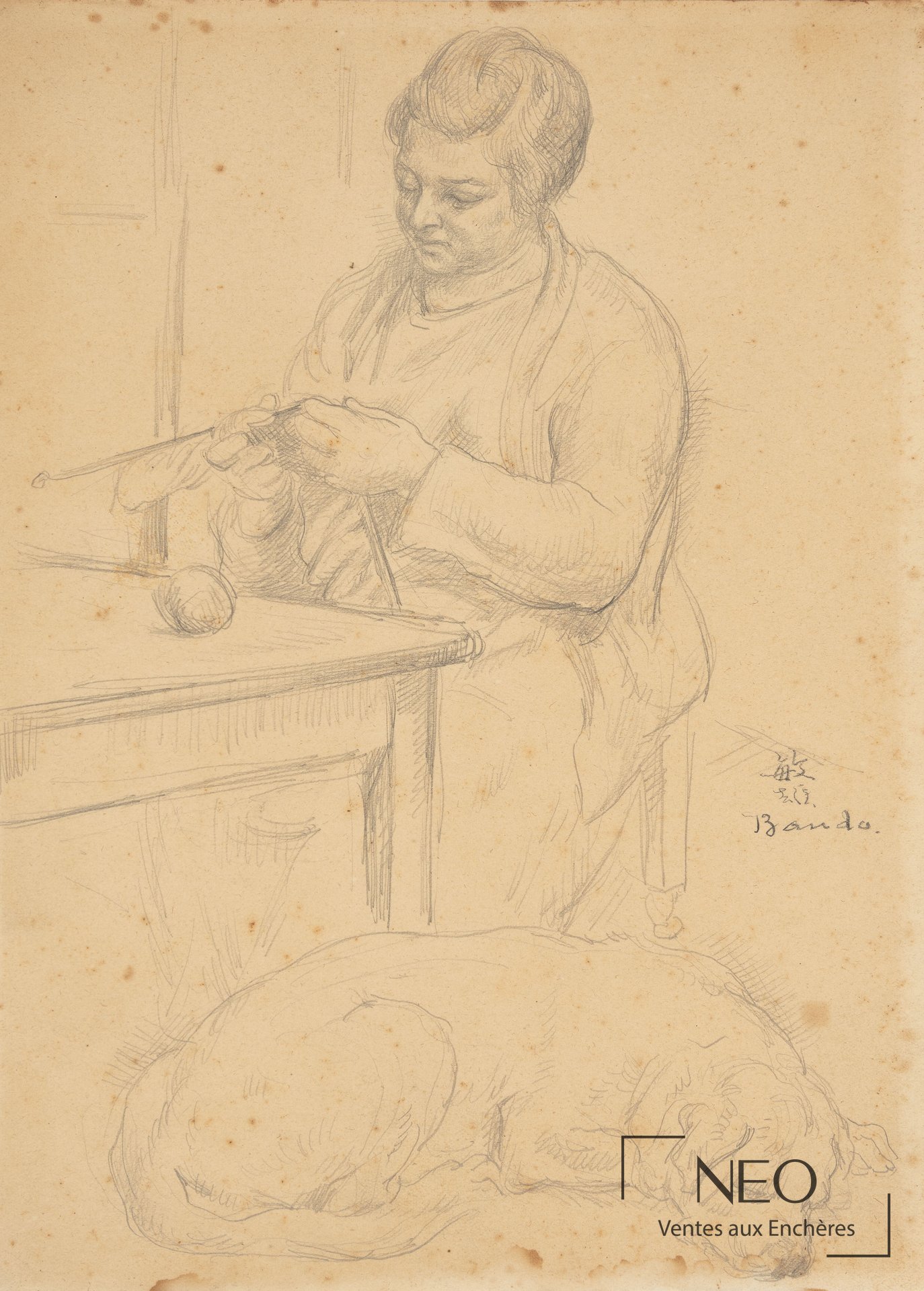 Portrait au crayon d’une femme au tricot avec un chien au premier plan