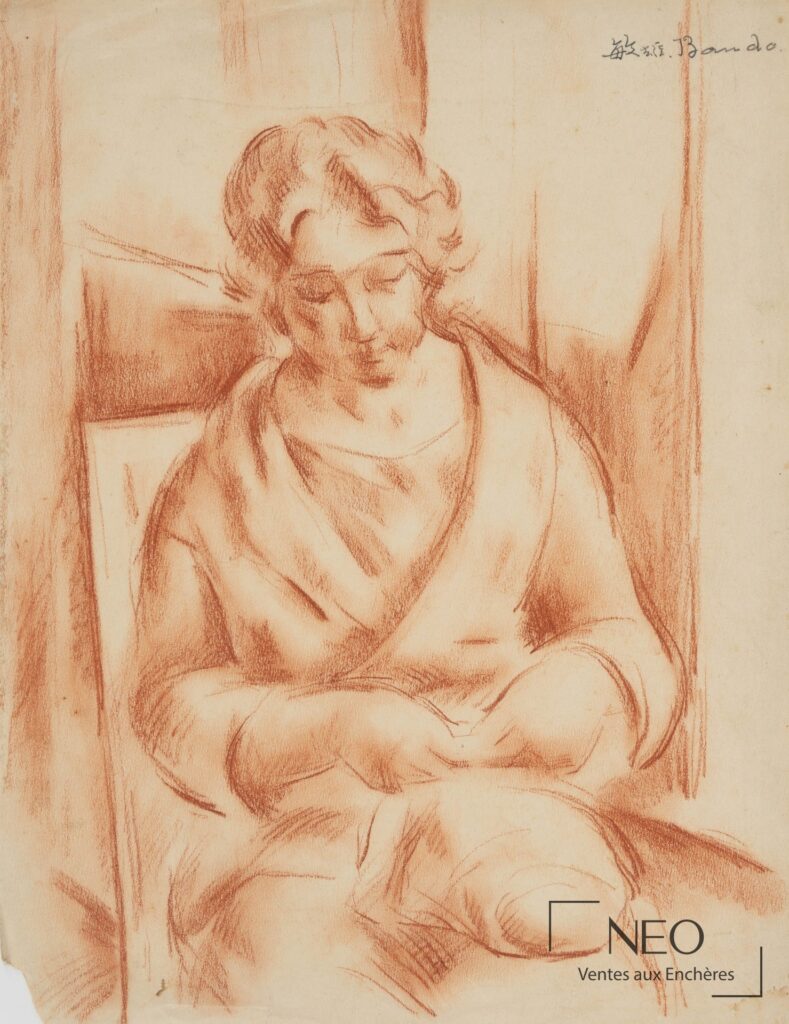 Portrait de femme à l'ouvrage à la sanguine sur papier