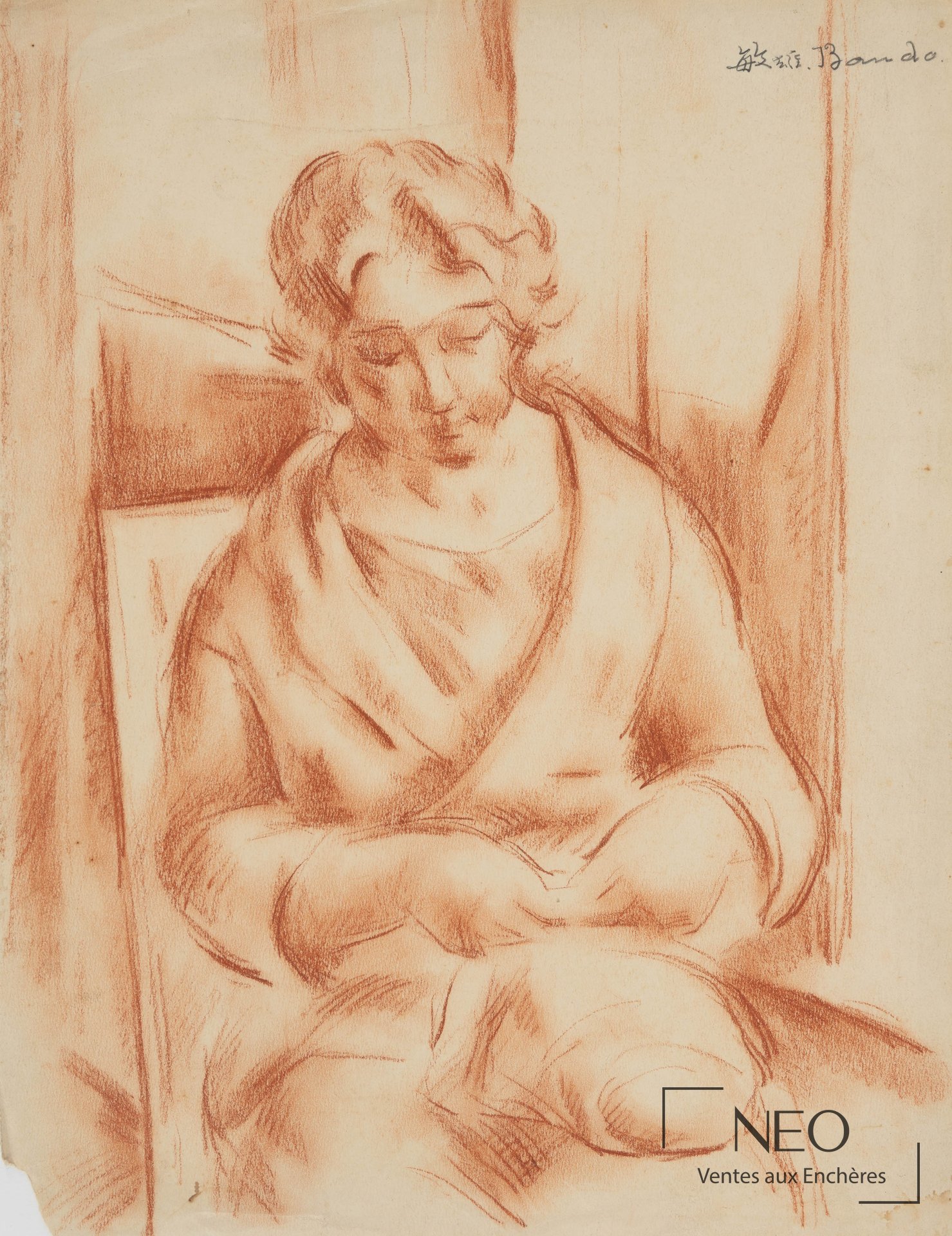 Portrait de femme à l'ouvrage à la sanguine sur papier