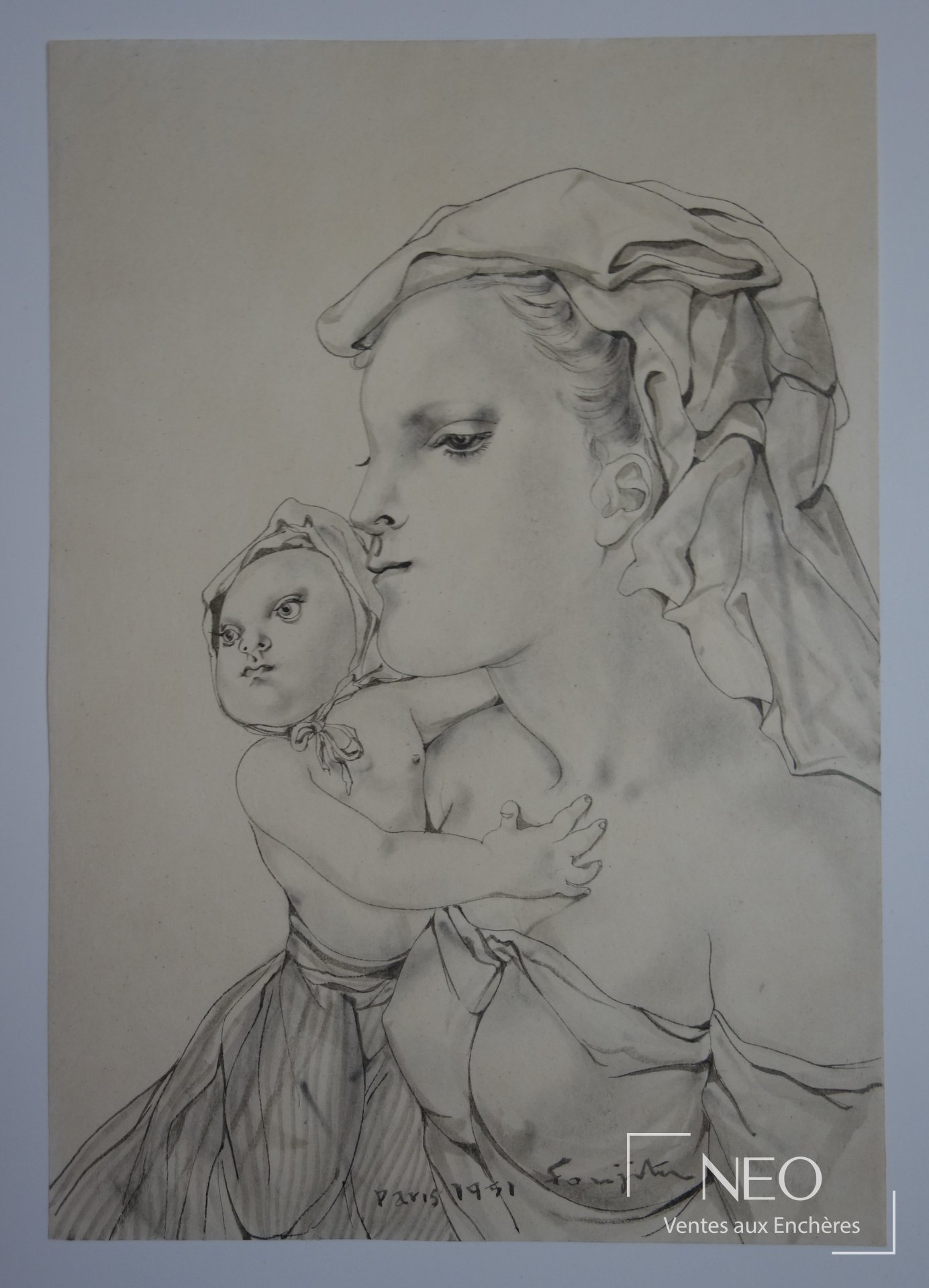 Tsuguharu Foujita, Mère et enfant, encre et lavis d’encre de Chine sur papier, 1951