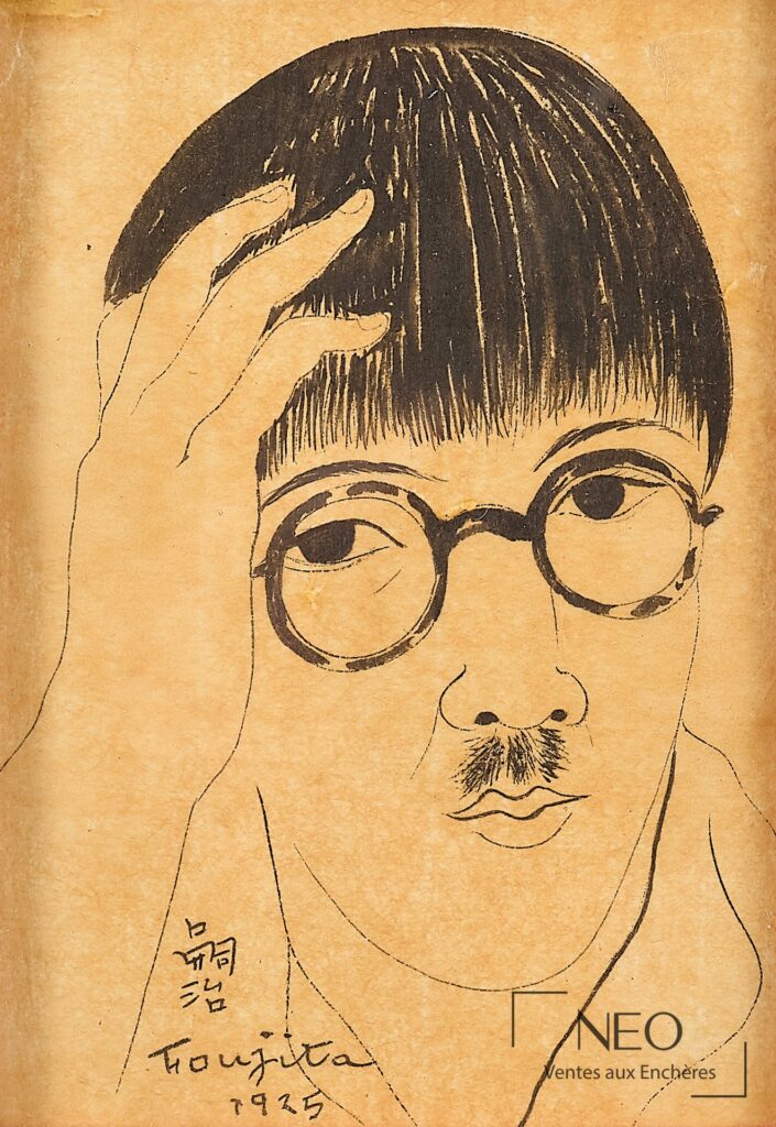 Autoportrait de Tsuguharu Foujita à l’encre de Chine sur papier ancien