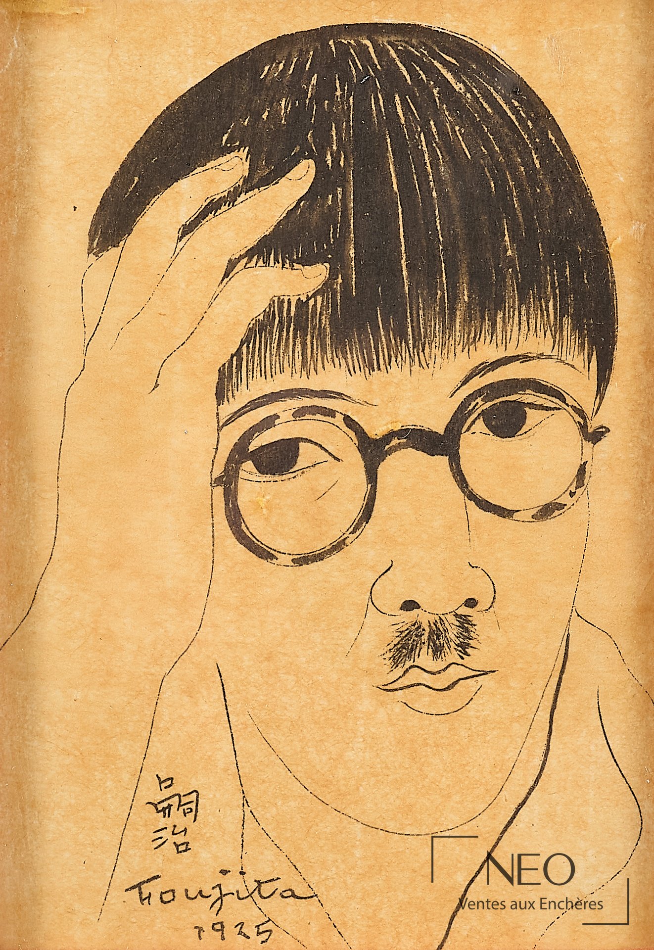 Tsuguharu Foujita, Autoportrait, 1925, encre de Chine sur papier mikassé