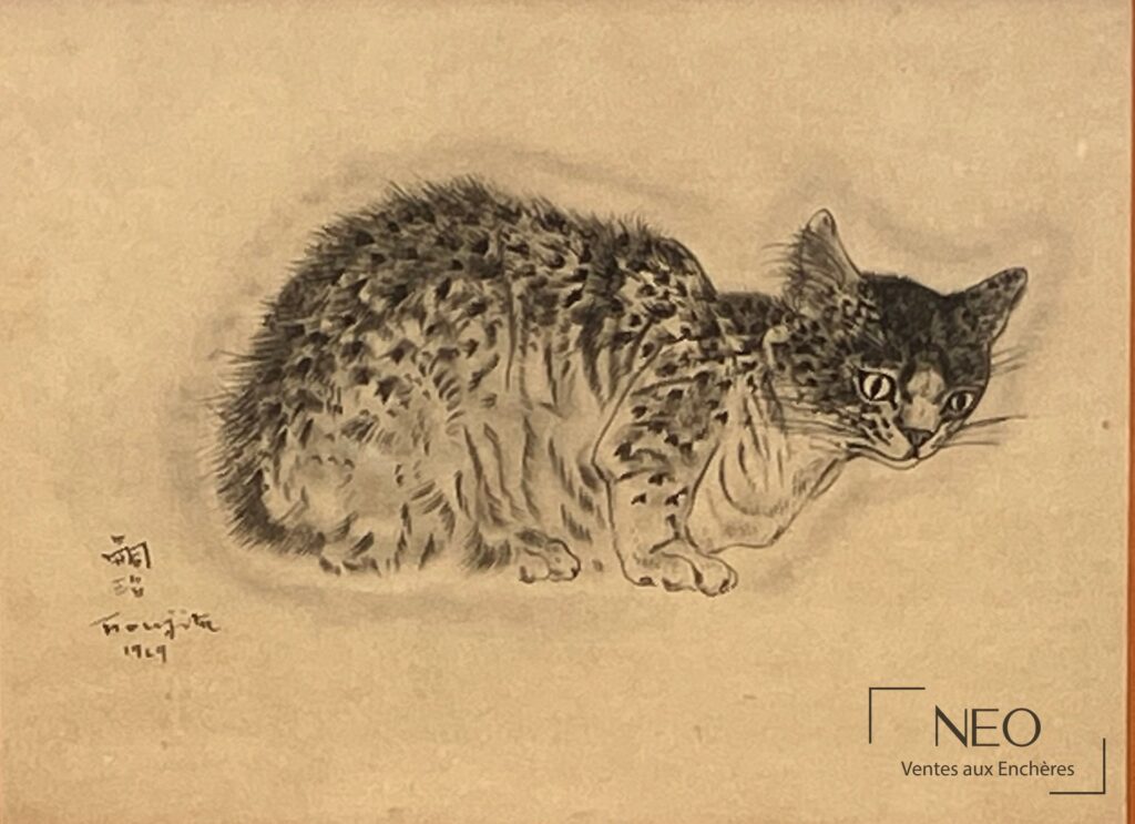 Lithographie encadrée de Tsuguharu Foujita représentant un chat