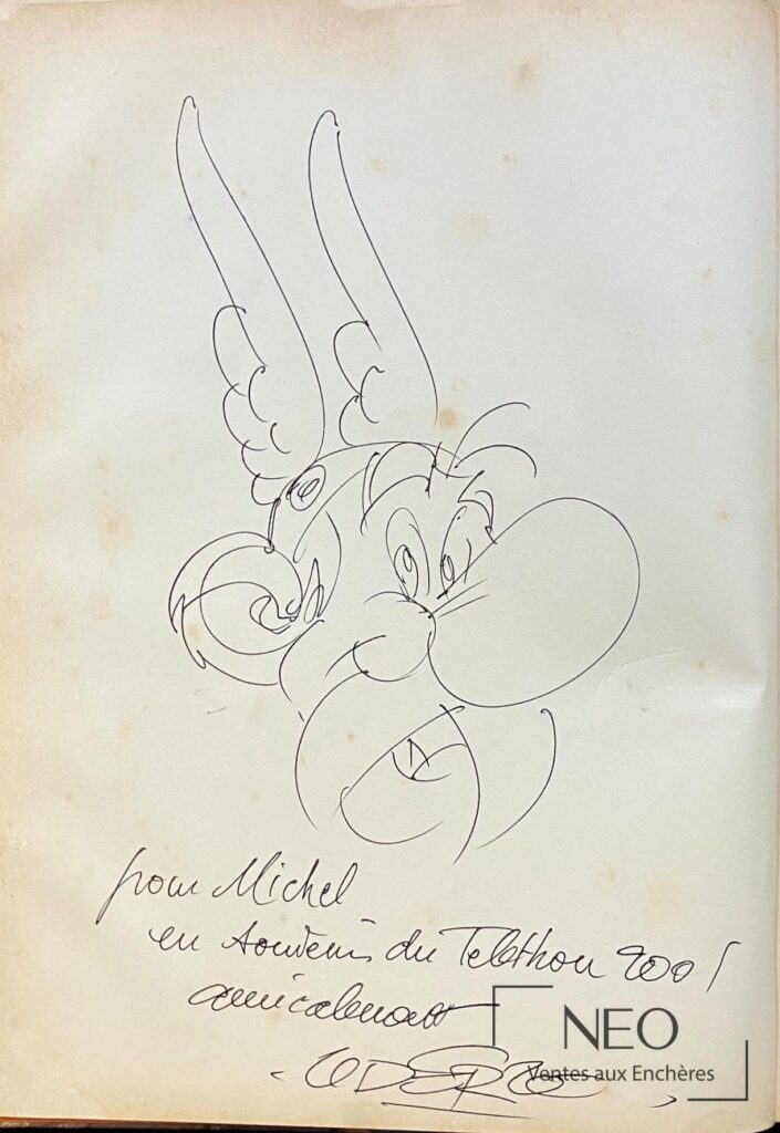 Dédicace d'Artérix avec dessin au trait et inscription manuscrite signée en bas de page.