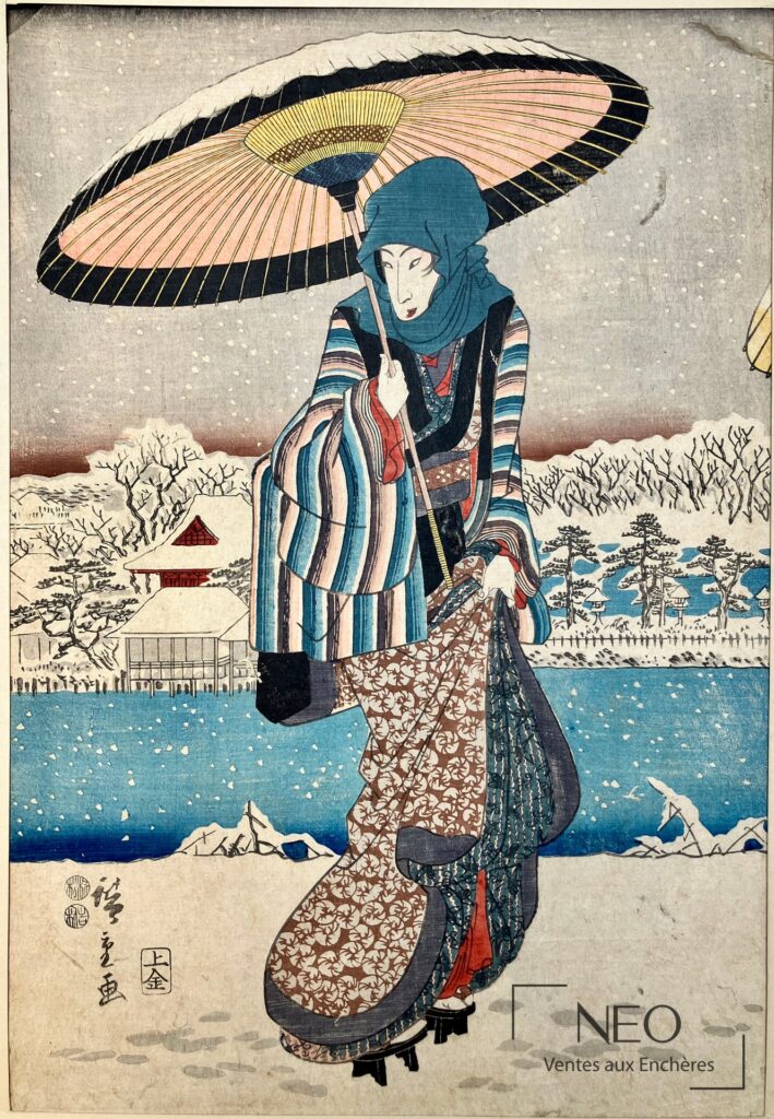 Estampe japonaise de Hiroshige montrant une femme sous un grand parapluie dans un paysage enneigé