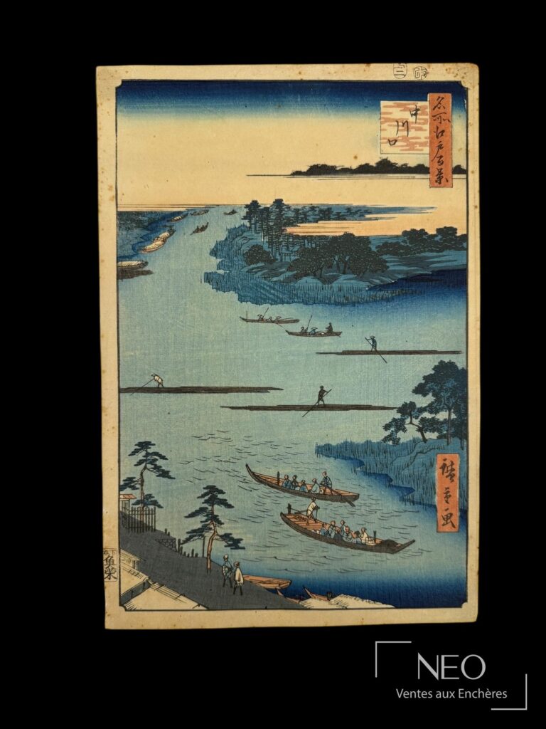 Estampe japonaise d'Utagawa Hiroshige I montrant un paysage fluvial animé de bateaux et de pêcheurs.