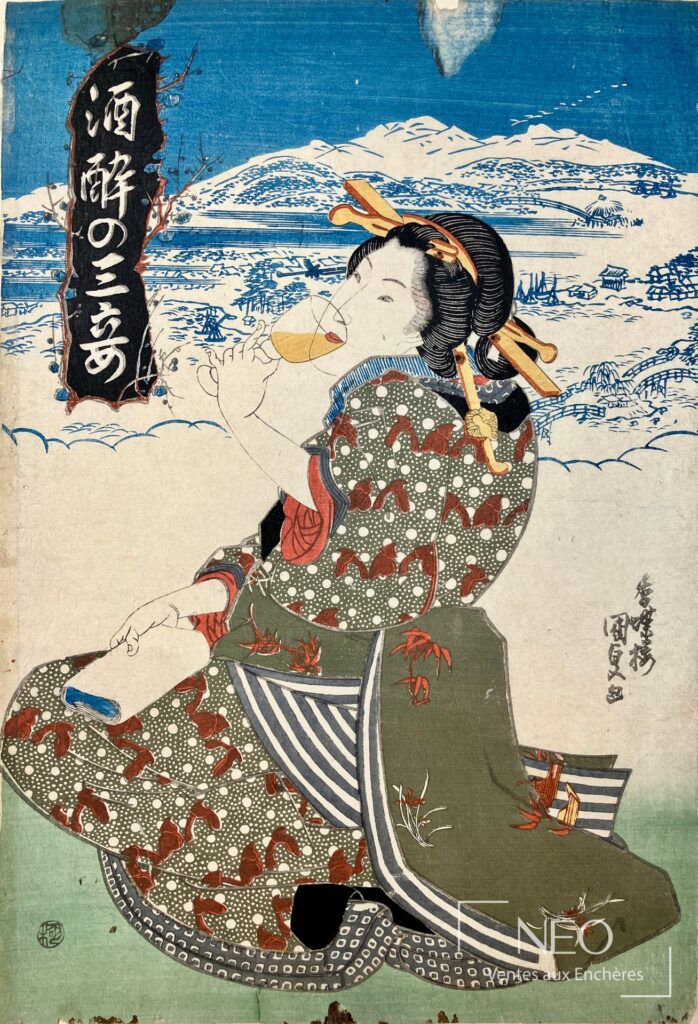 Estampe japonaise de Utagawa Kunisada représentant une courtisane devant un paysage enneigé