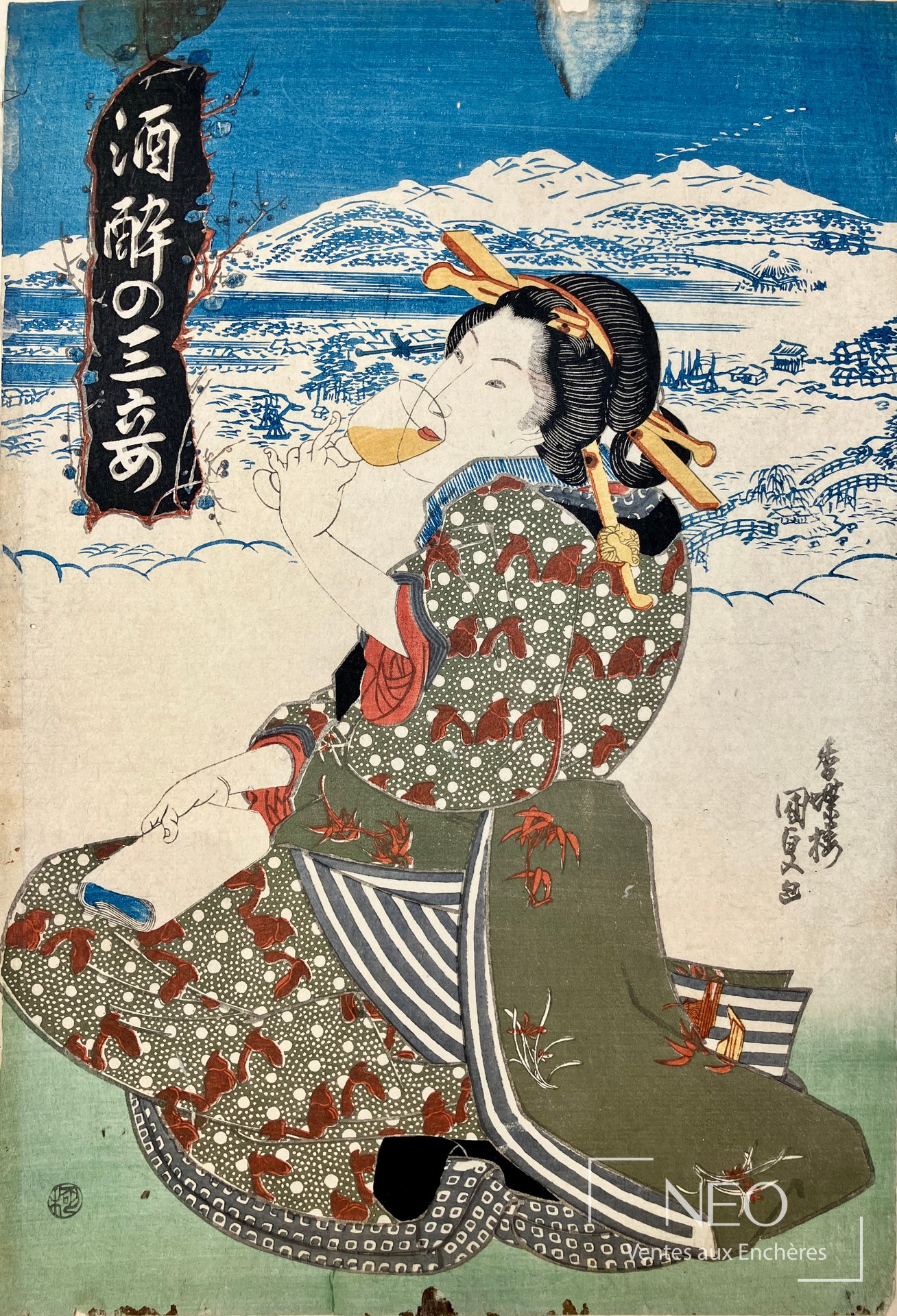 Estampe japonaise de Utagawa Kunisada représentant une courtisane devant un paysage enneigé